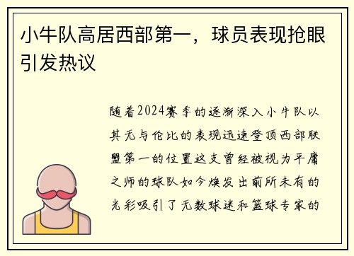 小牛队高居西部第一，球员表现抢眼引发热议