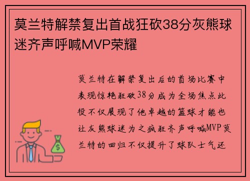 莫兰特解禁复出首战狂砍38分灰熊球迷齐声呼喊MVP荣耀