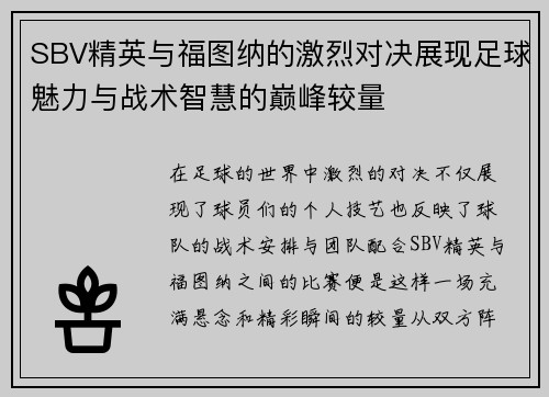 SBV精英与福图纳的激烈对决展现足球魅力与战术智慧的巅峰较量