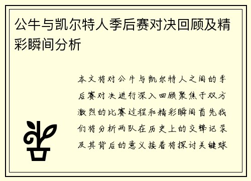 公牛与凯尔特人季后赛对决回顾及精彩瞬间分析