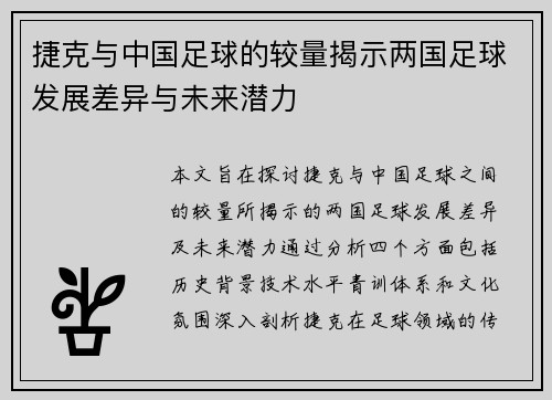捷克与中国足球的较量揭示两国足球发展差异与未来潜力