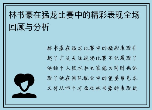 林书豪在猛龙比赛中的精彩表现全场回顾与分析