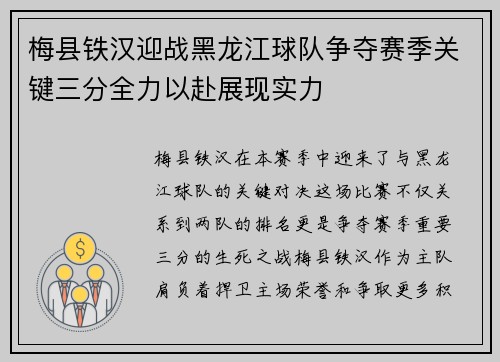 梅县铁汉迎战黑龙江球队争夺赛季关键三分全力以赴展现实力