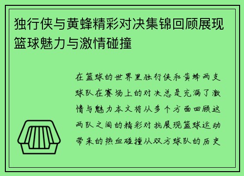 独行侠与黄蜂精彩对决集锦回顾展现篮球魅力与激情碰撞