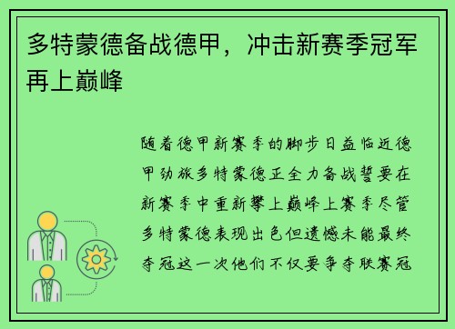 多特蒙德备战德甲，冲击新赛季冠军再上巅峰