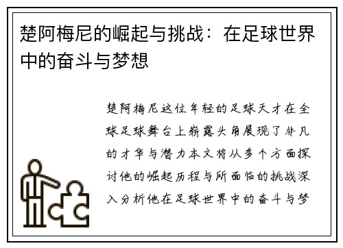 楚阿梅尼的崛起与挑战：在足球世界中的奋斗与梦想