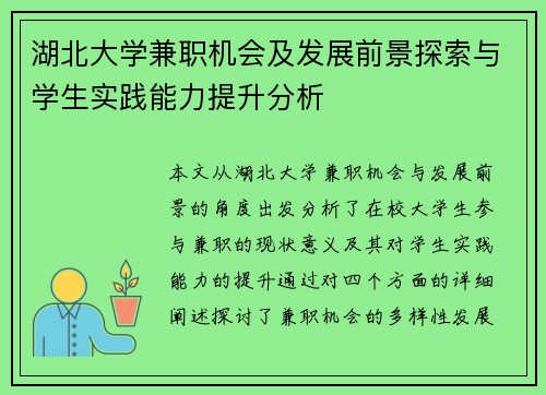 湖北大学兼职机会及发展前景探索与学生实践能力提升分析